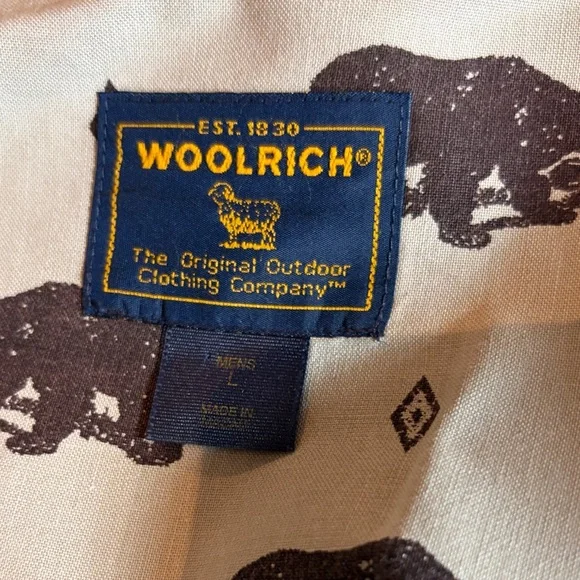 WOOLRICH KHAKI BEAR PRINT MEN’S COTTON BUTTON-DOWN SHIRT SIZE LARGE - Picture 3 of 11